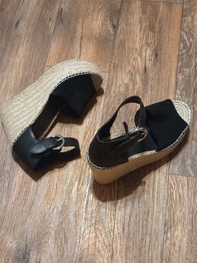 Marc Fisher Black Espadrille Wedge Sandals with Ankle Buckle